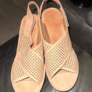 Clarks Tan Perforated Nubuck Clarene Award Criss Cross Wedge Sandal